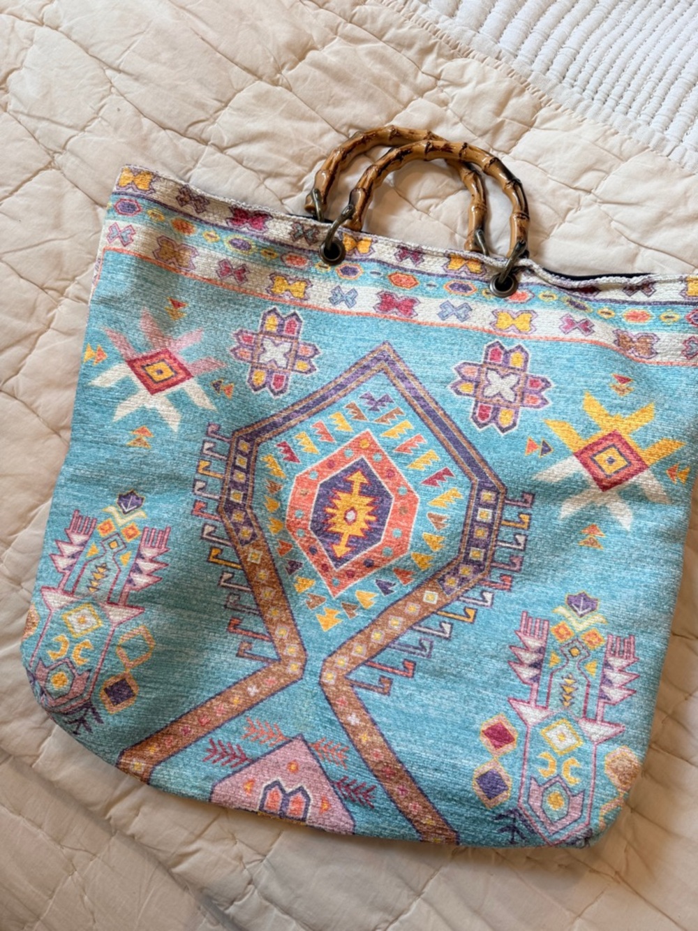 Myra Bag Turquoise Multicolor Boho Tote with Bamboo Handles